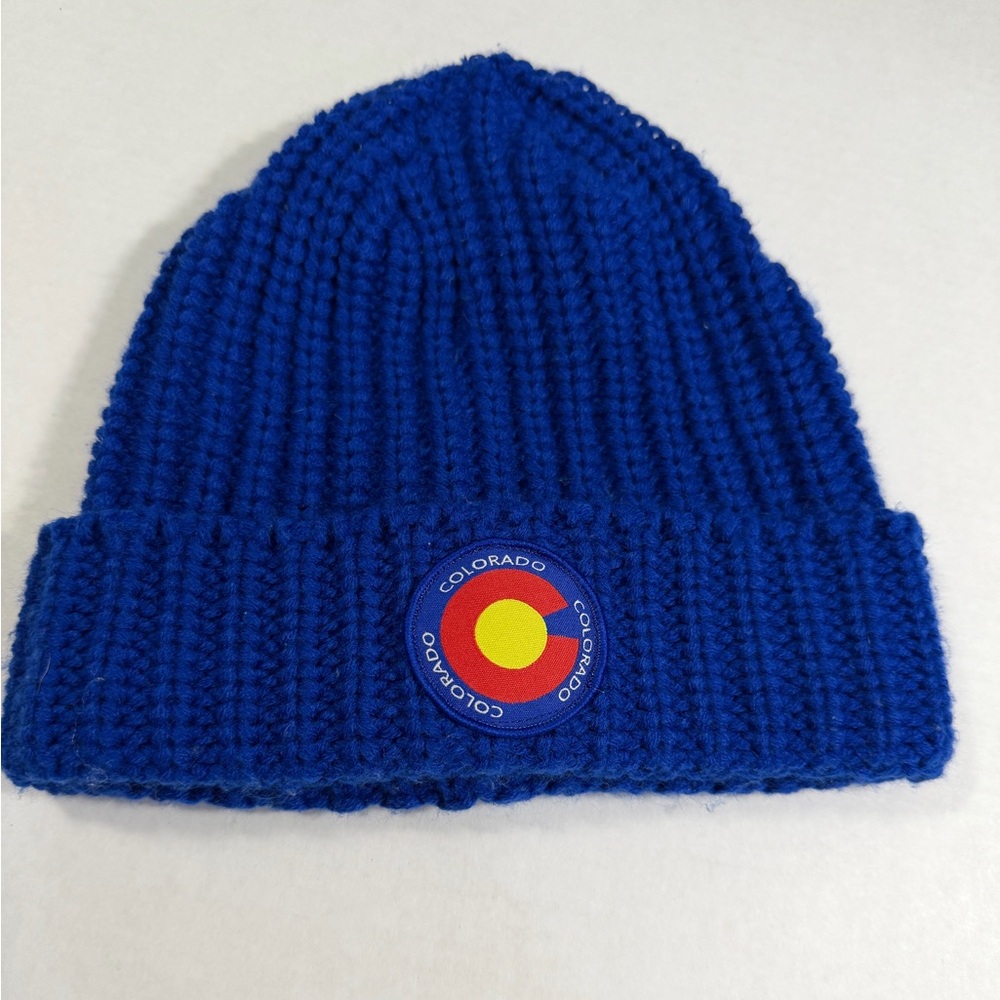 Blue Knit Beanie with State of Colorado Flag